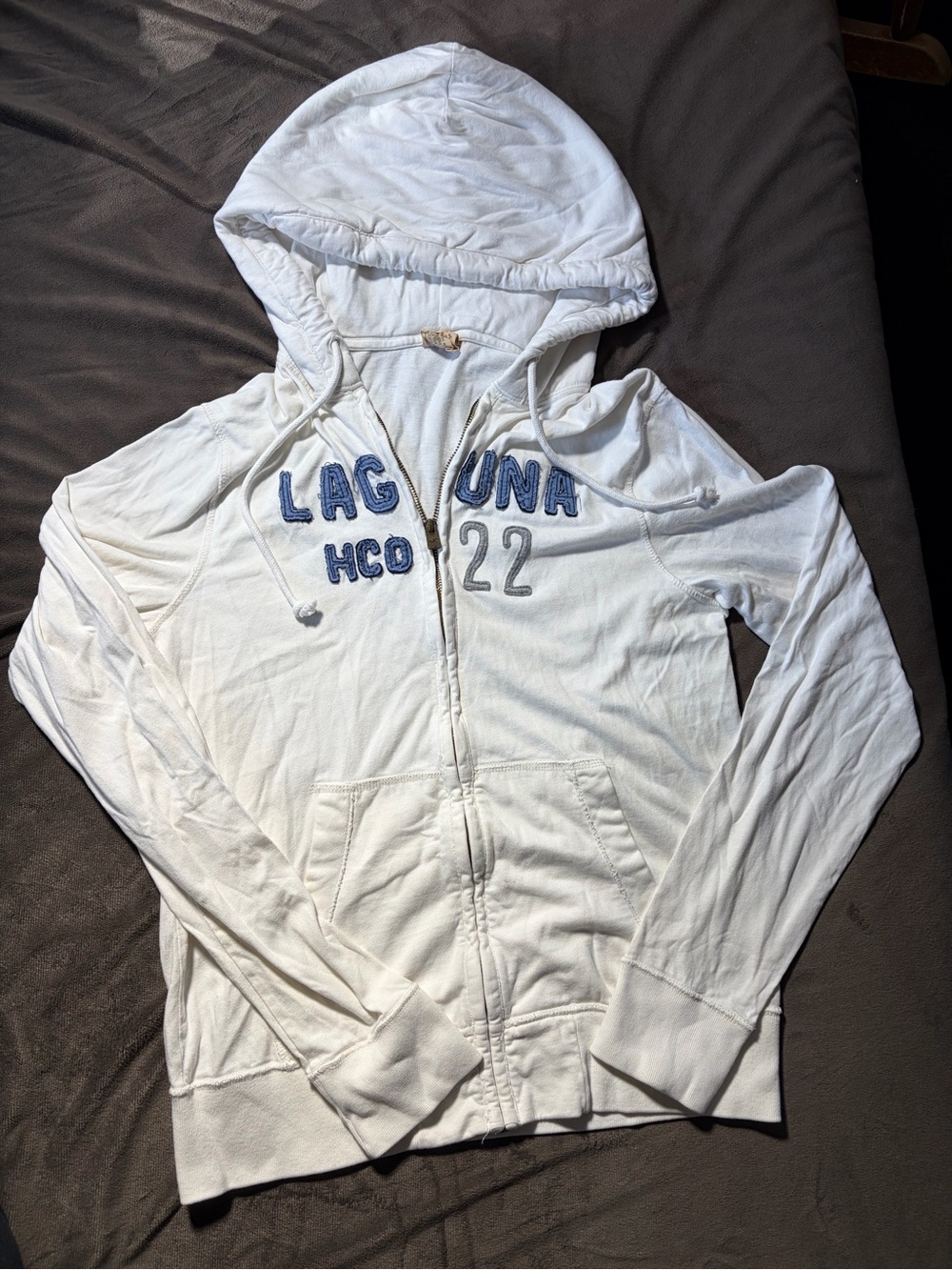 Hollister White Laguna Hooded Zip-Up Jacket with Blue Embroidered Logo